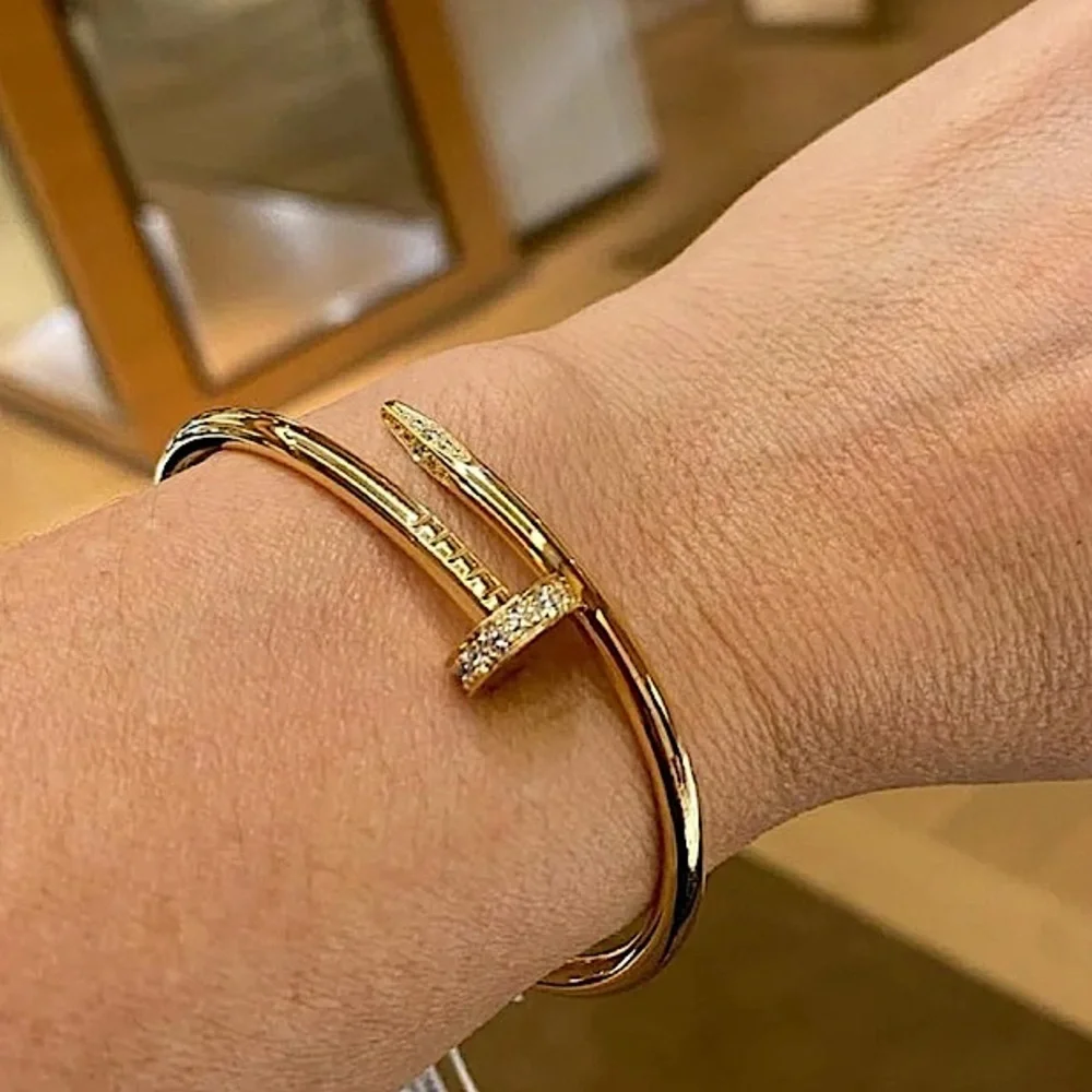 NWOT Elegant Gold Nail-Style Cuff Bracelet W/ Stones. Popular designerclick lock
